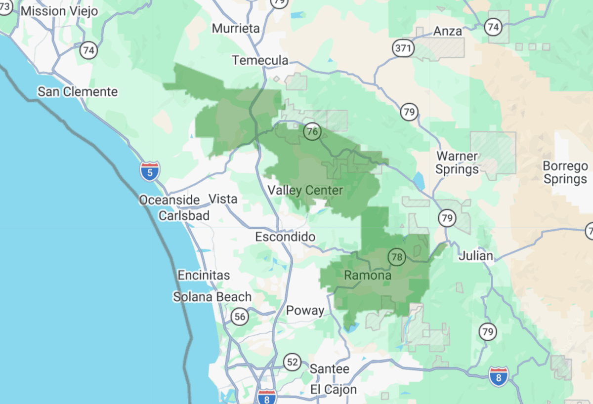 92065, 92082, 92028, 92061, 92028 targeting map showing coverage area